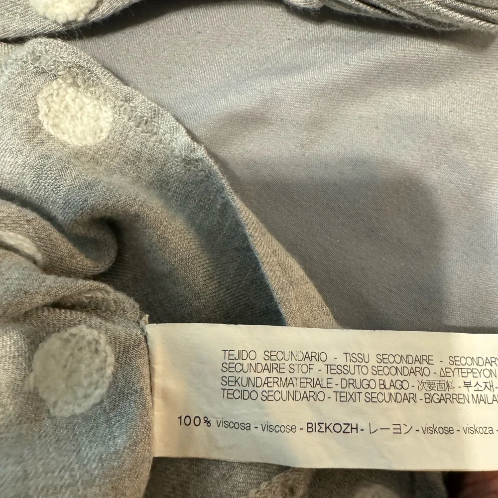 ZARA Women Blouse Gray & White Pom Pom Puff Sleeve